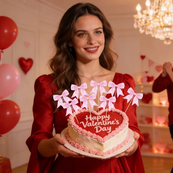 8pcs Bow Cupcake Toppers, Bowknot Cake Picks for Wedding and Birthday Decor, Satin Ribbon Dessert Accents for Cupcakes Cookies and Celebration Treats