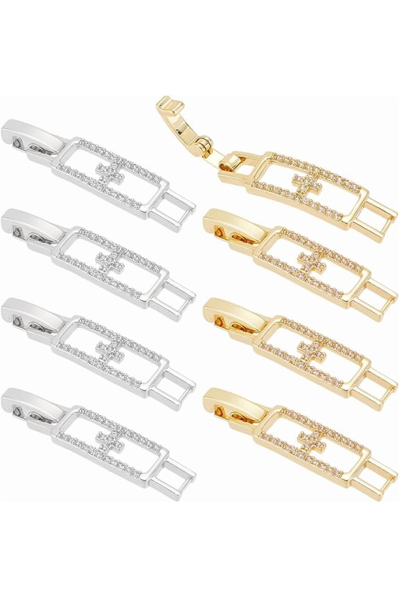 8pcs Bracelet Extender Clasps Cubic Zirconia Necklace Extender 33mm Silver Gold Fold Over Extension Clasps Watch Band Clasps for Women Jewelry Making Repair DIY Crafts
