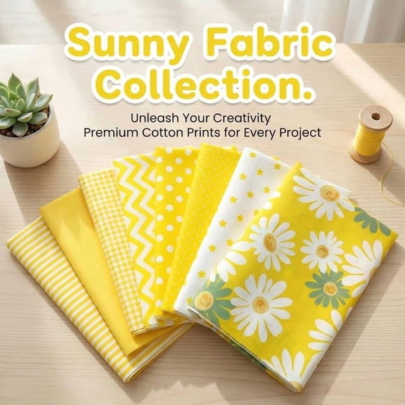 8pcs Bright Yellow Sunflower, Polka Dot, Striped Pattern Cotton Fabric Assortment, 20*25cm/40*50cm Yellow Series Pre-Cut Patchwork, Summer DIY Sewing Craft Decor Fabric Set, Machine Washable