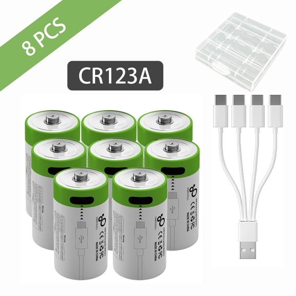 8pcs CR123A Batteries CR123A Rechargeable Battery, USB/Type-C High Capacity 3.7V 2500mWh 700mAh Batteries, Fast Charge Long Lasting Cycle Times up to 1200x With Type-C Port Charging Cable