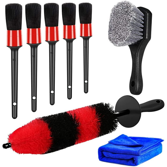 8pcs Car Wheel Brush Set, Car Detailing Kit Include 17" Long Soft Wheel Brush, Tire Brush, 5 Car Detailing Brushes, Car Towel, Wheel Brush Kit for Tire and Rim Cleaning Dirt Without Scratch Car