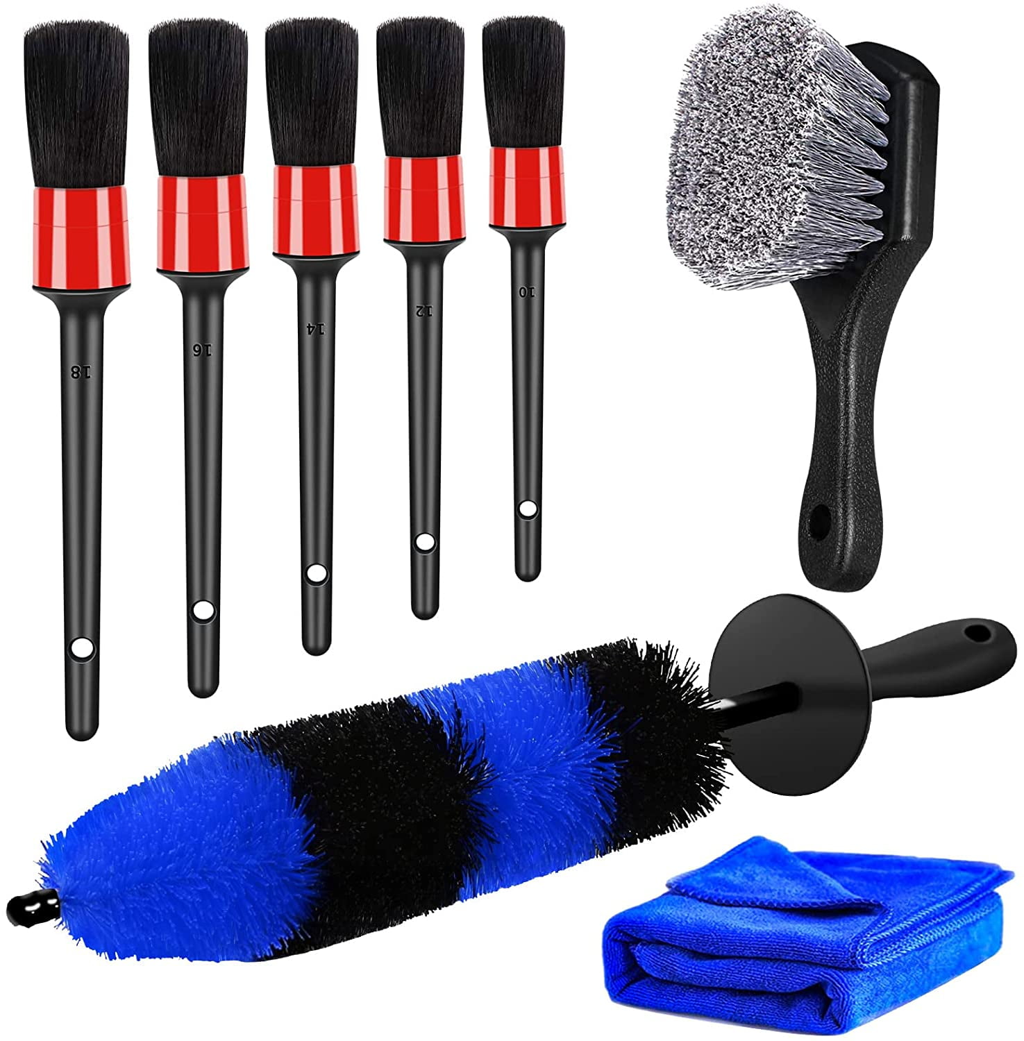 8pcs Car Wheel Brush Set, Car Detailing Kit Include 17" Long Soft Wheel Brush, Tire Brush, 5 Car Detailing Brushes, Car Towel, Wheel Brush Kit for Tire and Rim Cleaning Dirt Without Scratch Car