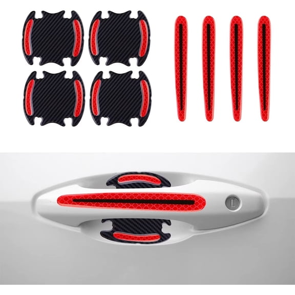 8pcs Carbon Fiber Car Door Handle Sticker with Reflective Strips Universal for Most Car Handles Red