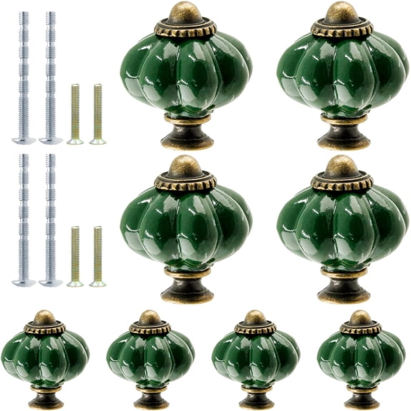 8pcs Ceramic Pumpkin Cabinet Knobs, Dark Green Vintage Drawer Knobs for Vanity, Closet, Cupboard