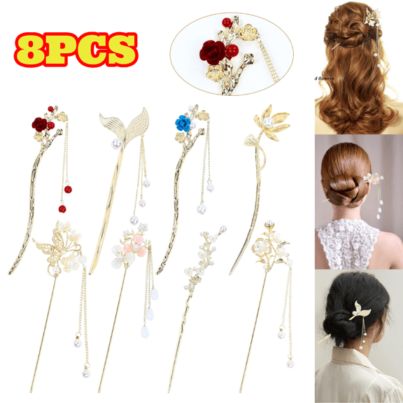 8pcs Chinese Hair Sticks Set, Gold Hair Stick with Pearl Butterfly Flower Design, Metal Hairpins for Women Girls, Hair Accessories for Bun Updo