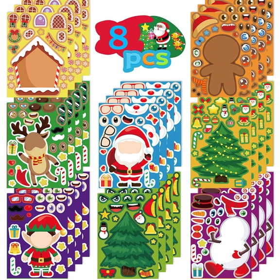 8pcs Christmas Stickers Set, Paper Material, Multiple Colors, Self Adhesive, for Holiday Party Decorations, Kids Activity