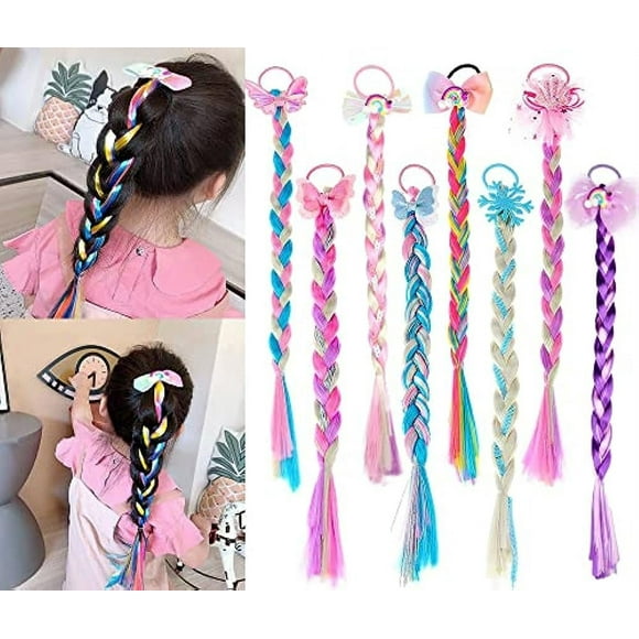 8pcs Colorful Braid Hair Extensions with Elastic Bands Ponytail Hair Bows Rainbow Color Synthetic Wig Glitter Braid Hair Extensions for Women Kids Girls Party Highlights Cosplay Dress Up (Random Color