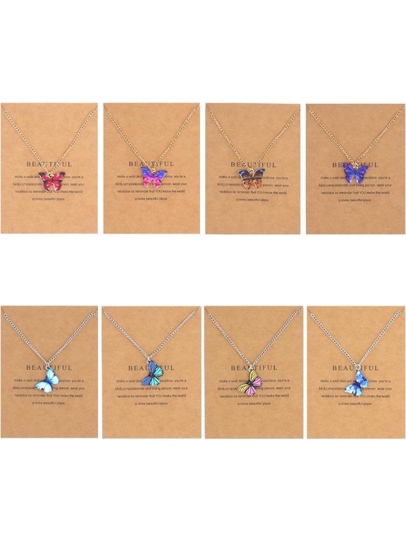 8pcs Colorful Butterfly Pendant Necklace Set, Boho Make A Wish Greeting Card Dainty Choker Necklace, Y2k Graduation Party Accessories Jewelry Gift