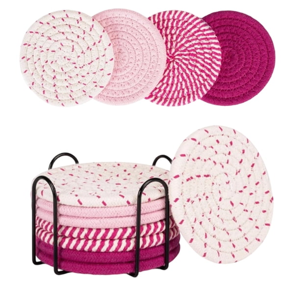 8pcs Cotton Woven Coasters for Drinks, Absorbent Coasters Set with Holder, 210°F Heat Resistant, 4.4 Inch Diameter, Cup Coasters for Tabletops, Coffee Tables, Desks, Soft & Protective (Pink)