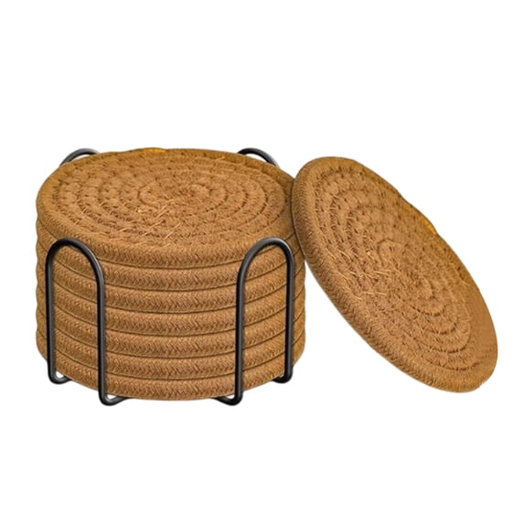 8pcs Cotton Woven Coasters for Drinks, Absorbent Coasters Set with Holder, 210°F Heat Resistant, 4.4 Inch Diameter, Cup Coasters for Tabletops, Coffee Tables, Desks, Soft & Protective (Camel)