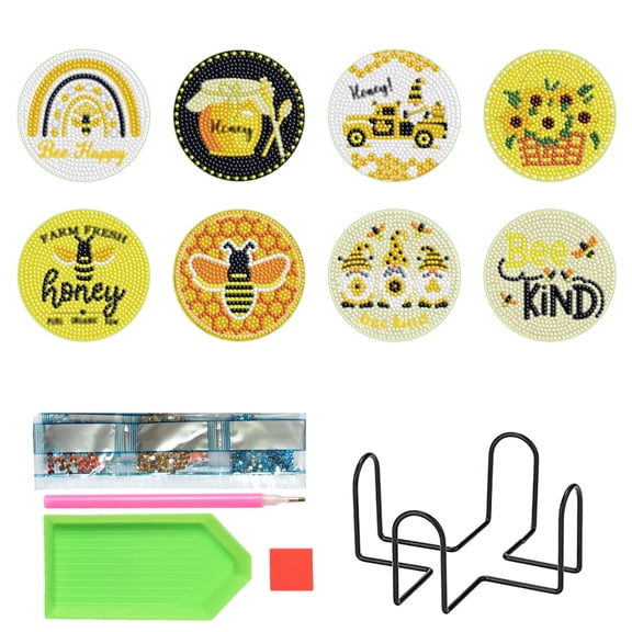 8pcs DIY Diamond Painting Coaster Kit, Bee and Sunflower Dwarf Design with Stand, Ideal for Home Decor and Gift Giving