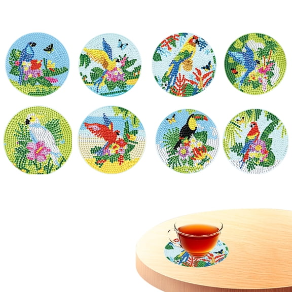 8pcs DIY Diamond Painting Coaster Kit with Flower and Parrot Design, Includes Stand The Perfect Choice for Home Decor and Gifting