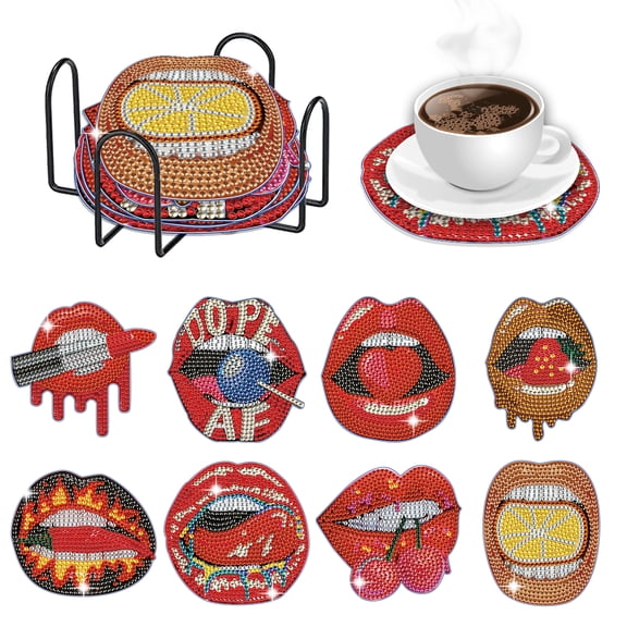 8pcs DIY Diamond Painting Coaster Kit with Red Lips Design and Stand, Perfect for Home Decor and Gift Giving
