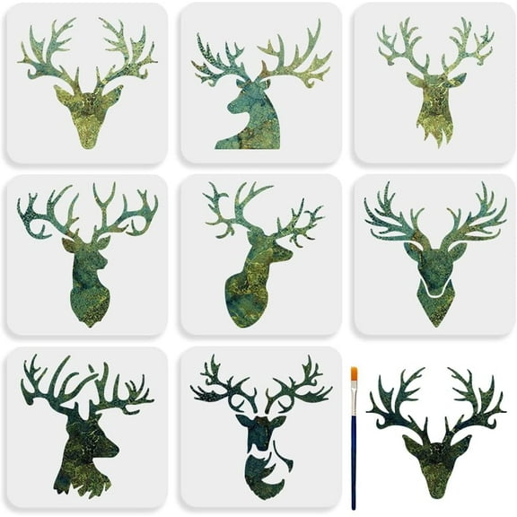 8pcs Deer Head Stencil 88inch Wildlife Forest Animal Stencils with Paint Brush Reusable Nature Deer Antler Drawing Template for Wood Canvas Paper Fabric Wall Glass White