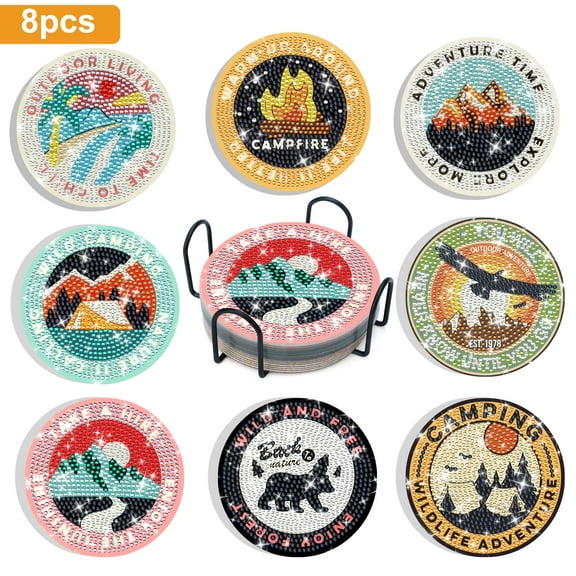 8pcs Diamond Art Coaster Kit, EEEkit DIY Diamond Painting Drink Coasters with Stand, Rhinestone Craft Set for Home Decor and Gifts