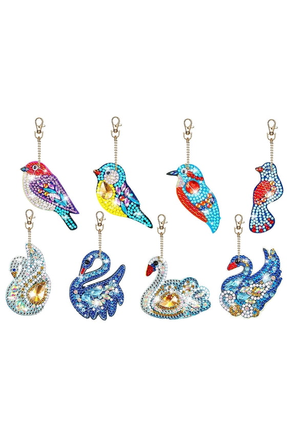 8pcs Diamond Painting Keychain Kit Bird & Swan DIY 5D Sparkling Rhinestone Pendant Craft Set Perfectly Suited for Bags, Keys, or Gift Making