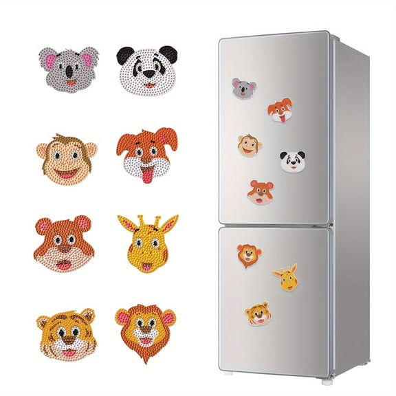 8pcs Diamond Painting Kit Fridge Magnets Monkey Head & Tiger Head DIY Glitter Magnetic Stickers Creative Handmade Fridge Decorations Perfect for Kitchen Decor & Holiday Gifts