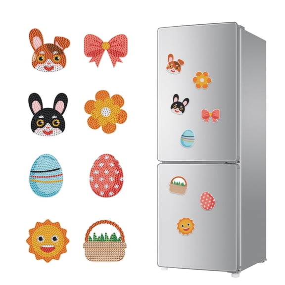 8pcs Diamond Painting Kit Fridge Magnets Sun Rabbit Head DIY Glitter Magnetic Stickers Creative Fridge Decor for Kitchen and Holiday Gifts