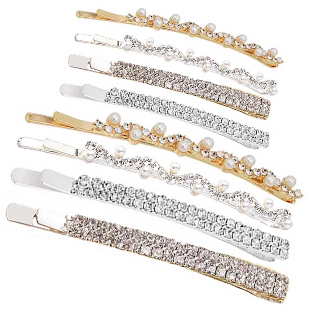 8pcs Double Row Rhinestones Hair Pins Rhinestone And Pearl Bobby Pins Metal Hair Clips Sparkling HairClip For Women Girls Gold And Silver Diamond Hair Pins