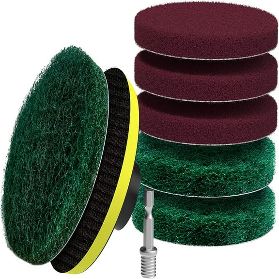 8pcs Drill Brush Power Scouring Pads - Heavy Duty Tub and Tile Cleaner -Scrubber Brush kit Includes Drill Attachment, 3 Red, 3 Stiff Green Scrubber Pads