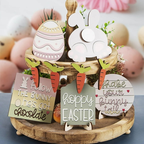 8pcs Easter Wooden Tiered Tray Decor Set - Spring Themed Wood Sign Ornaments for Home Tabletop Decor, Lightweight Tiered Tray Accents, Durable Easter Party & Living Room Shelf Decoration, Colorful
