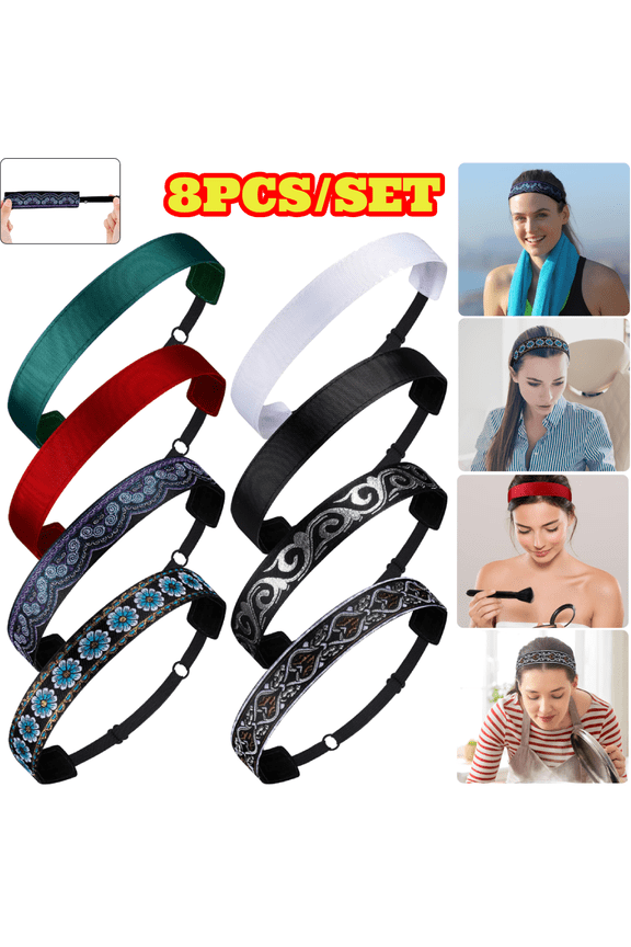 8pcs Elastic Headbands for Women, Adjustable Non Slip Velvet Lined Headbands, Boho Hair Bands for Sport Yoga Makeup