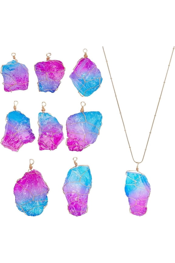 8pcs Electroplated Raw Rough Natural Quartz Crystal Big Pendants Light golden Plated Copper Wire Wrapped Nuggets Charms Two Tone Medium Violet Red 43~63mm Hole: 3mm