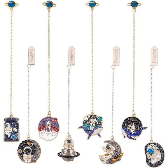 8pcs Enamel Astronaut Bookmark Space Themed Book Marks Page Clip Pendants Metal Bookmarks with Chains for School Office Book Reading Supplies Gifts Astronaut Lovers