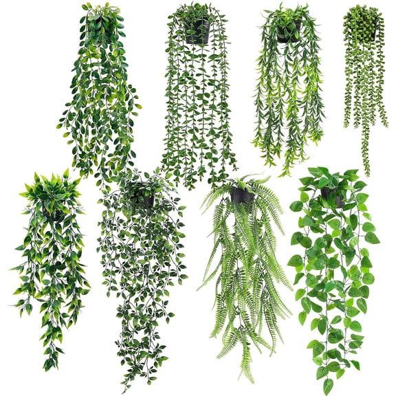 Miracliy 8 Pack Assorted Artificial Hanging Potted Plants, Mixed Fake Trailing Ivy Greenery, Faux Hanging Basket Plants for Indoor Wall Home Decor