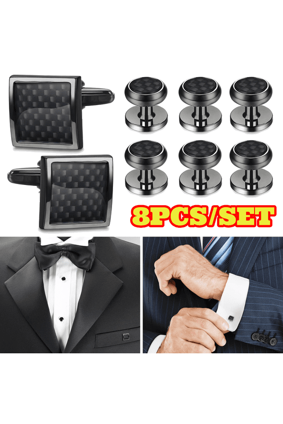 8pcs Fashion Men's Cuff Links and Shirt Studs Set, Black Tuxedo Cuff Links for Men's Formal