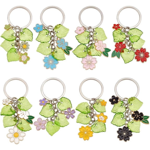 8pcs Flower Leaf Keychain Enamel Flower Keyring Leaves Charm Pendants Key Chain with Split Keyring for Wallet Purse Handbag one Car Keys Birthday Christmas Party Favor Supplies