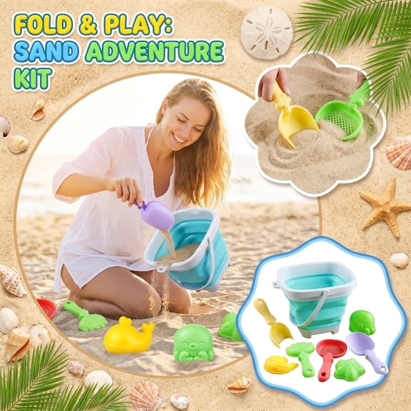 8pcs Foldable Air-filled Decorative Sphere Set - Collapsible Bucket, Shovels & Molds for Sand Building & Outdoor Garden Activities (Grey Green)