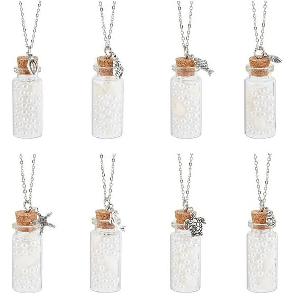 8pcs Glass Bottle Necklace Charms 10ml Mini Glass Wishing Bottles with Metal Chain Glass Wish Jar with Pearl Coastal Pendants Ornaments for DIY Christmas Tree Home Decor Jewelry Crafts