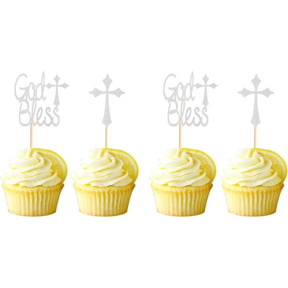 8pcs God Bless and Cross Cupcake Toppers Silver Glitter Baptism Christian Religious Cupcake Picks Cake Decoration Baby Party Decorations
