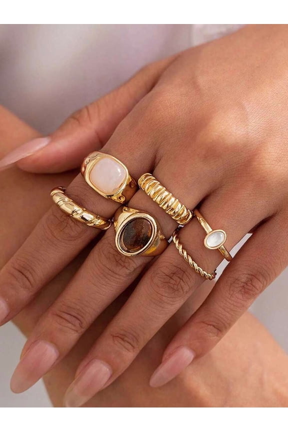 8pcs Gold Tone Minimalist Braided & Statement Stone Rings Set For Daily Wear, Parties, Gifts