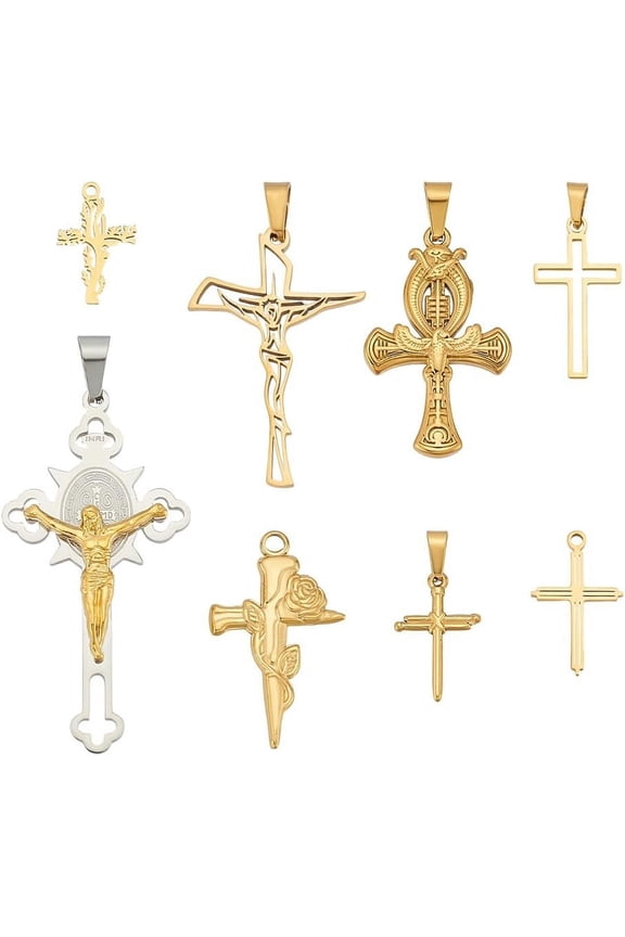 8pcs Golden Cross Pendants 8 Styles Cut-Out Cross Crucifix Charms 304 Stainless Steel Punk Necklace Cross Pendants Hanging Cross Pendant Statement Necklace for Men Women 0.7~2.2 inch Golden
