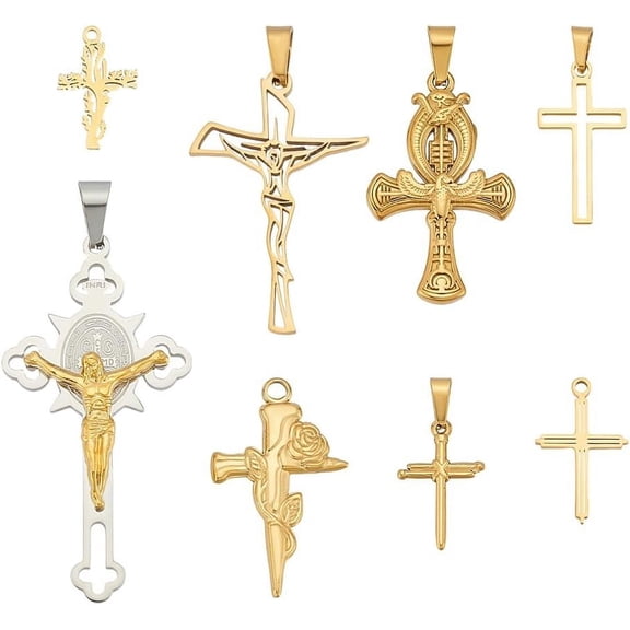 8pcs Golden Pendants 8 Styles Cut-Out Crucifix Charms 304 Stainless Steel Punk Necklace Pendants Hanging Pendant Statement Necklace for Men Women 0.7~2.2 inch