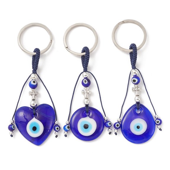 8pcs Handmade Lampwork Turkish Blue Keychain with Iron Split Key Rings Heart & Flat Round & Teardrop Mixed Shapes 10.6~11.2cm