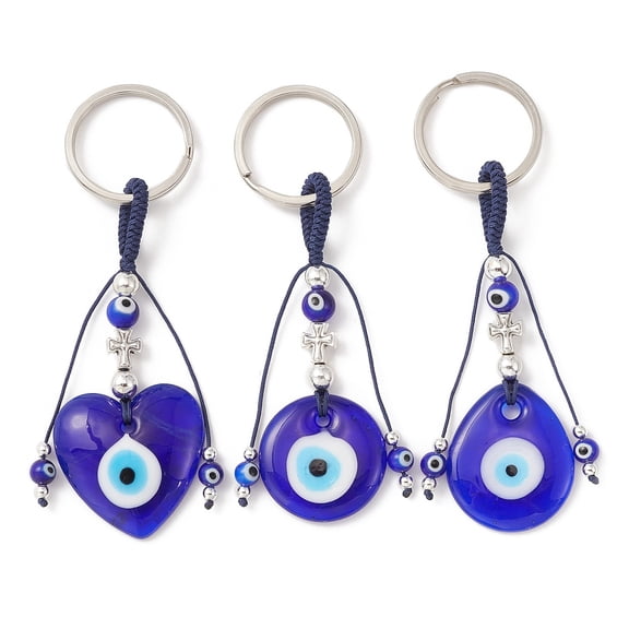 8pcs Handmade Lampwork Turkish Blue Pendant Keychain with Iron Split Key Rings Heart Flat Round Teardrop Mixed Shapes 10.6-11.2cm