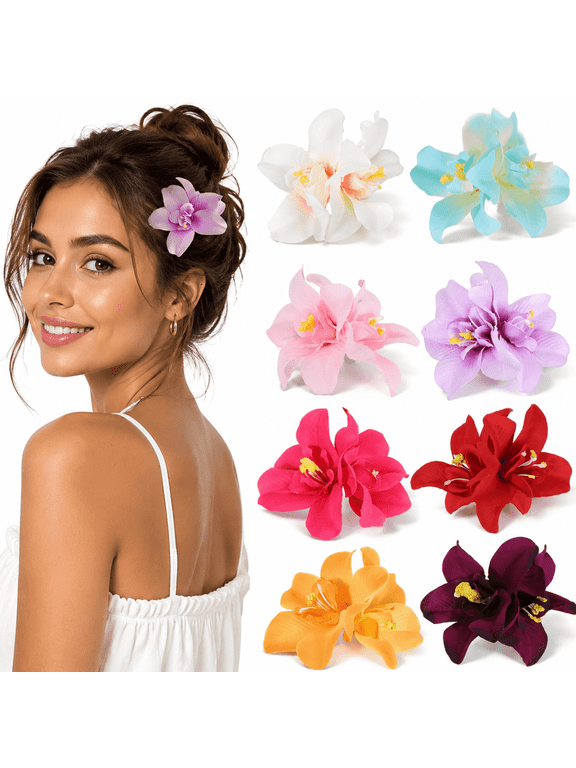 8pcs Large Hawaiian Flower Hair Clips for Women - Artificial Tropical Phalaenopsis Orchid Hibiscus Hair Pins for Beach Wedding Holiday Hairstyles