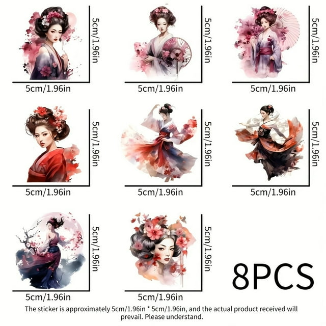 8pcs Japanese Kimono UV DTF Cup Stickers, Waterproof Sticker Pack for