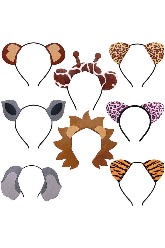 8pcs Jungle Animal Safari Headbands with Animal Hair Hoops - Photo Booth Props, Party Favors and Decorations for Adults