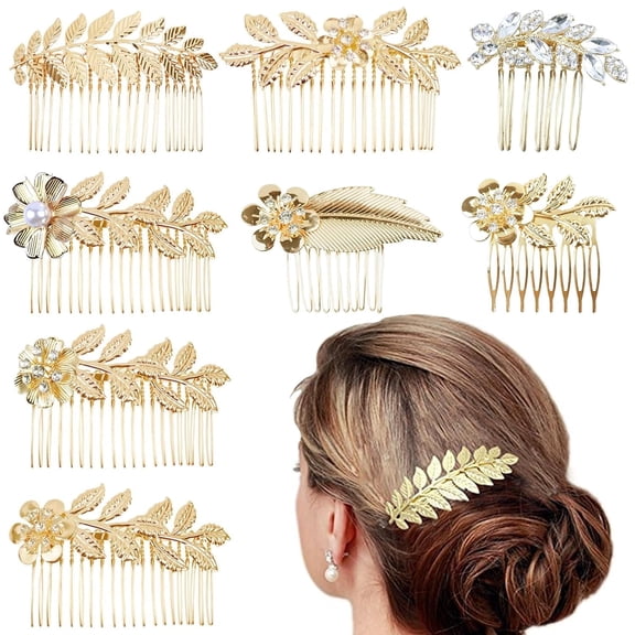 8pcs Leaf Hair Side Combs for Women, Bridal Metal Decorative Side Comb Clips, Gold French Twist Slide Combs for Wedding Hair Accessories