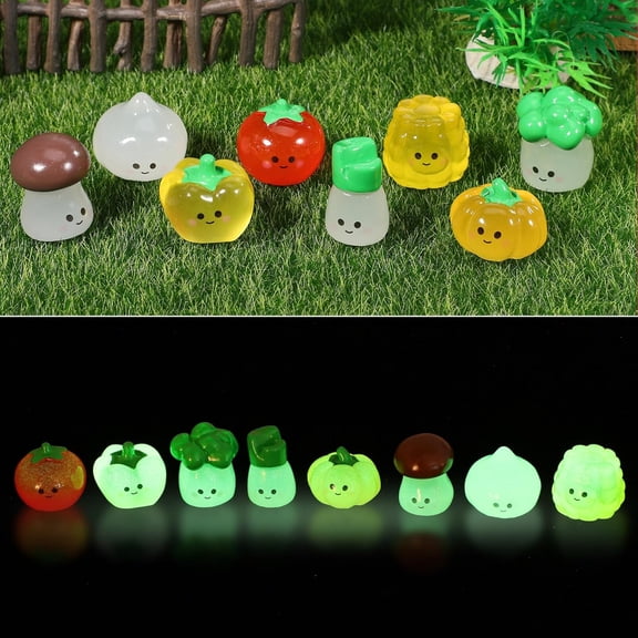 8pcs Luminous Resin Vegetable Garden Accessories, Glow in Dark Garden Figurines, Miniature Mushroom Pumpkin, Pepper, Onion, Tomatoes, Corn, Broccoli Statues for Garden Yard Decor