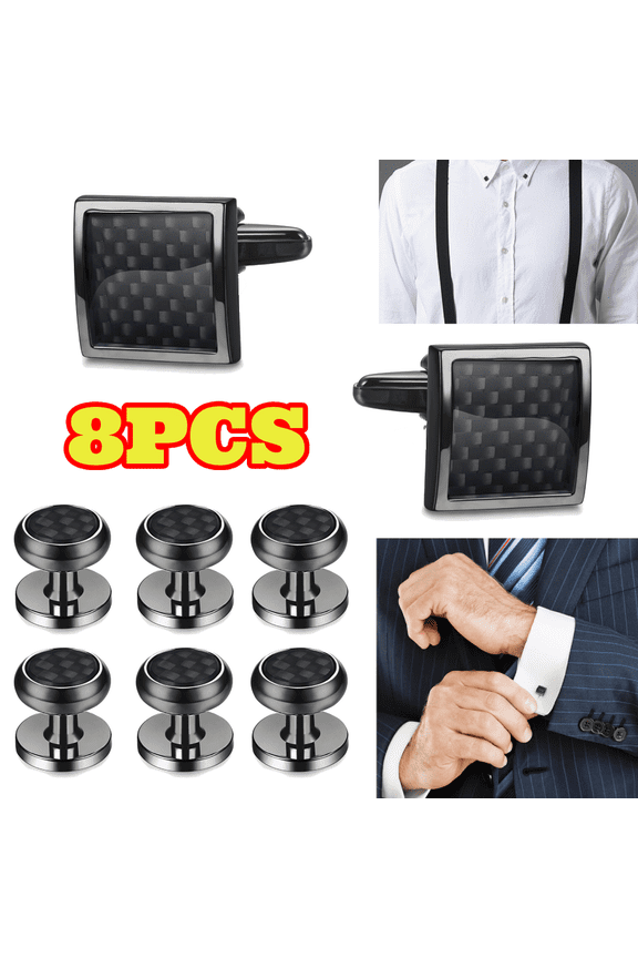 8pcs Men's Carbon Fiber Cuff Links and Shirt Studs Set for Tuxedo Shirts Business Wedding, Black Tone