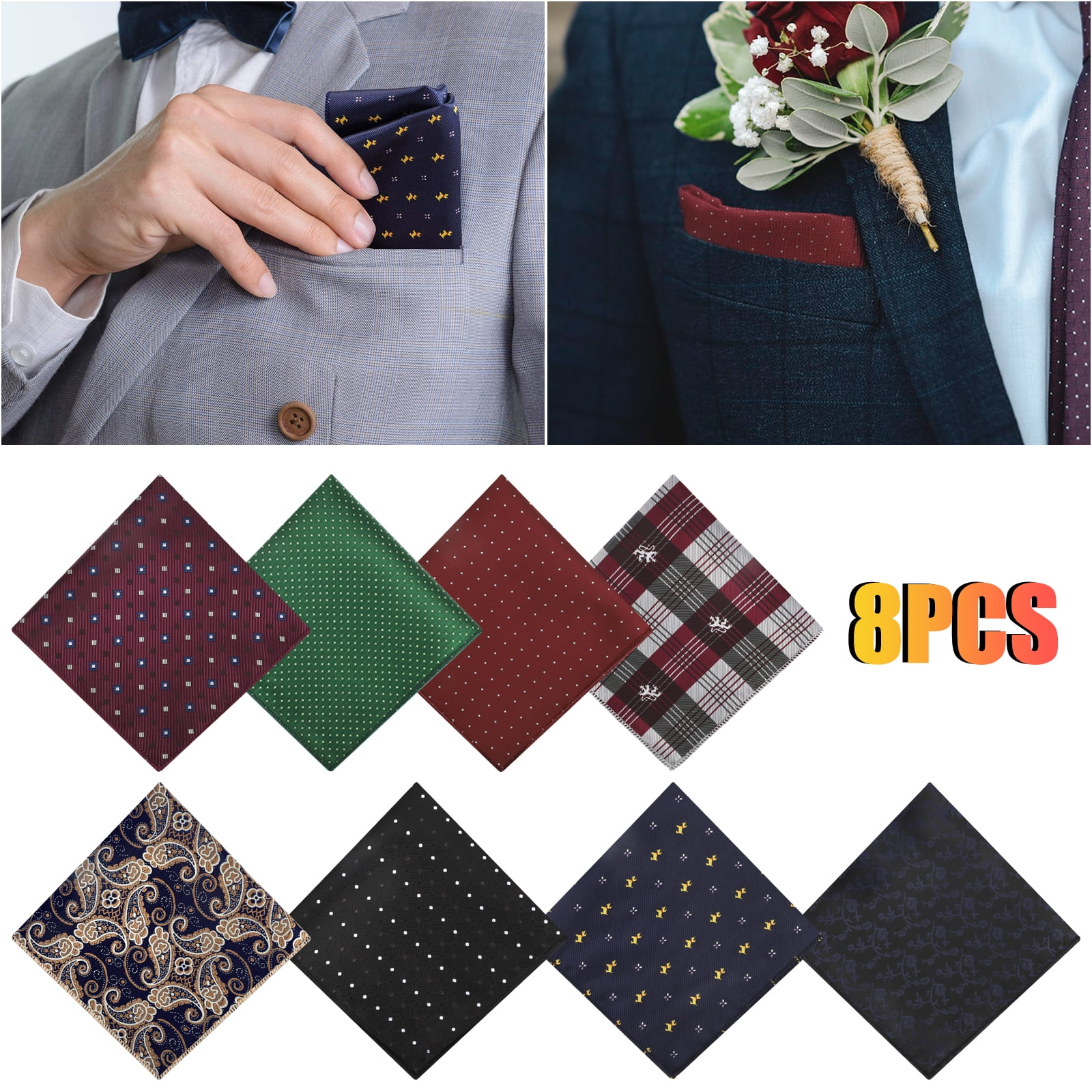 8pcs Men's Pocket Squares, EEEkit Soft Polyester Handkerchiefs, Classic