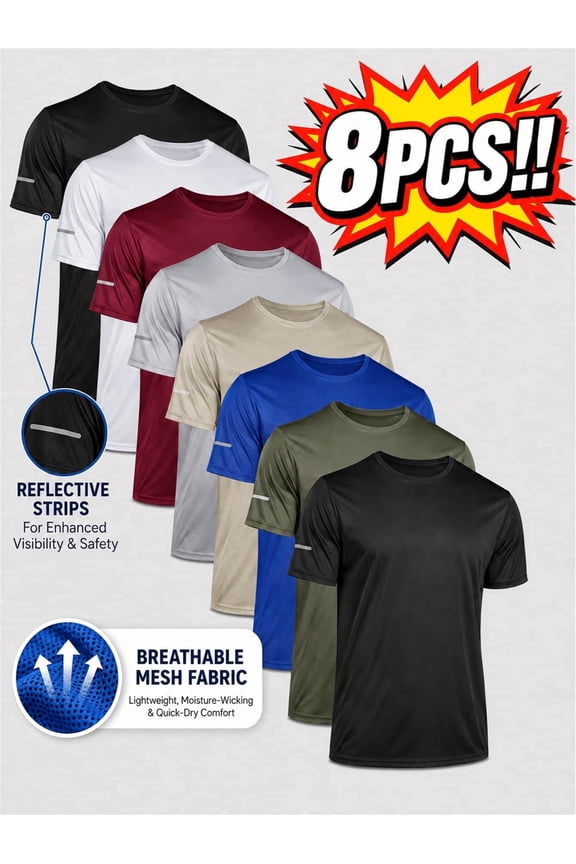 8pcs Men's Quick-Dry Breathable Workout T-Shirts - Solid Color Crew Neck Short Sleeve Tees for Running, Gym & Outdoor Activities, Machine Washable , Workout Clothes, Casual Style Tee