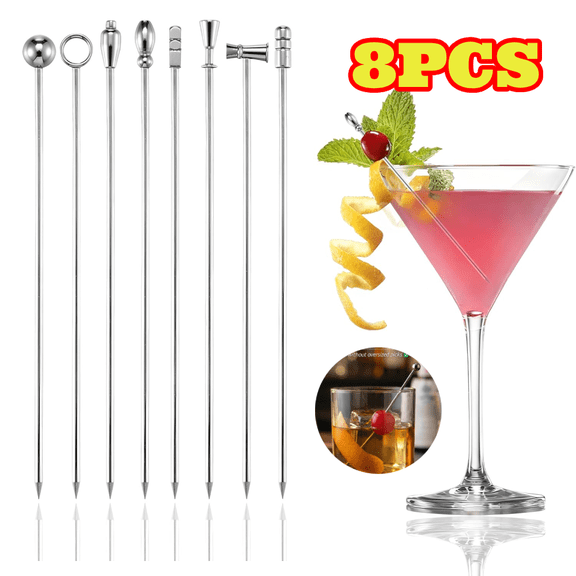8pcs Metal Cocktail Picks, 4.25'' Olive Skewers Stainless Steel Cocktail Toothpicks, Reusable Garnish Sticks for Appetizers, Fruit, BBQ Snacks
