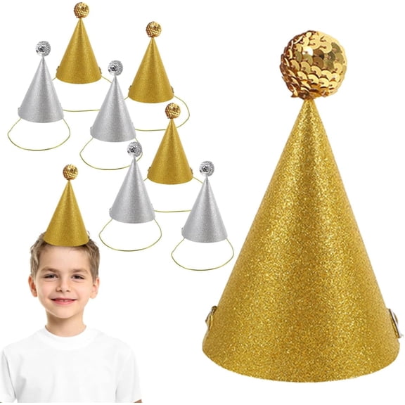8pcs Mini Birthday Party Hats: Glitter Cone Birthday with Pom Poms Paper Cone Tiny Hats for Holiday Party Favors Baby Shower Classroom Decorations