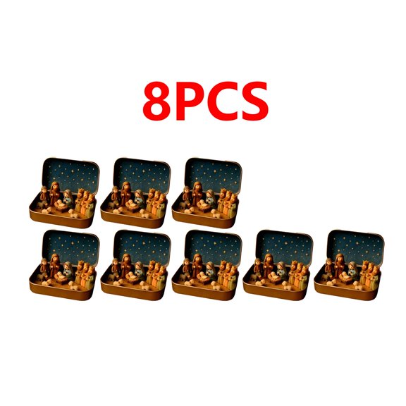 8pcs Mini Christmas Nativity Set Style B in Tin Box - Holy Family Figurines Religious Holiday Decor, Compact Nativity Scene Gift for Family, Festive Christian Christmas Decor, 2.36*3.74in
